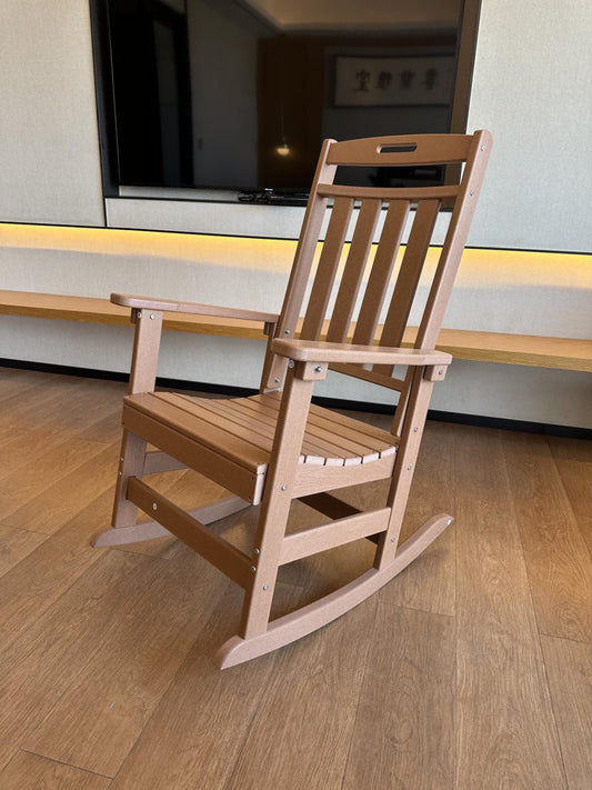 Brown wooden high back rocking chair